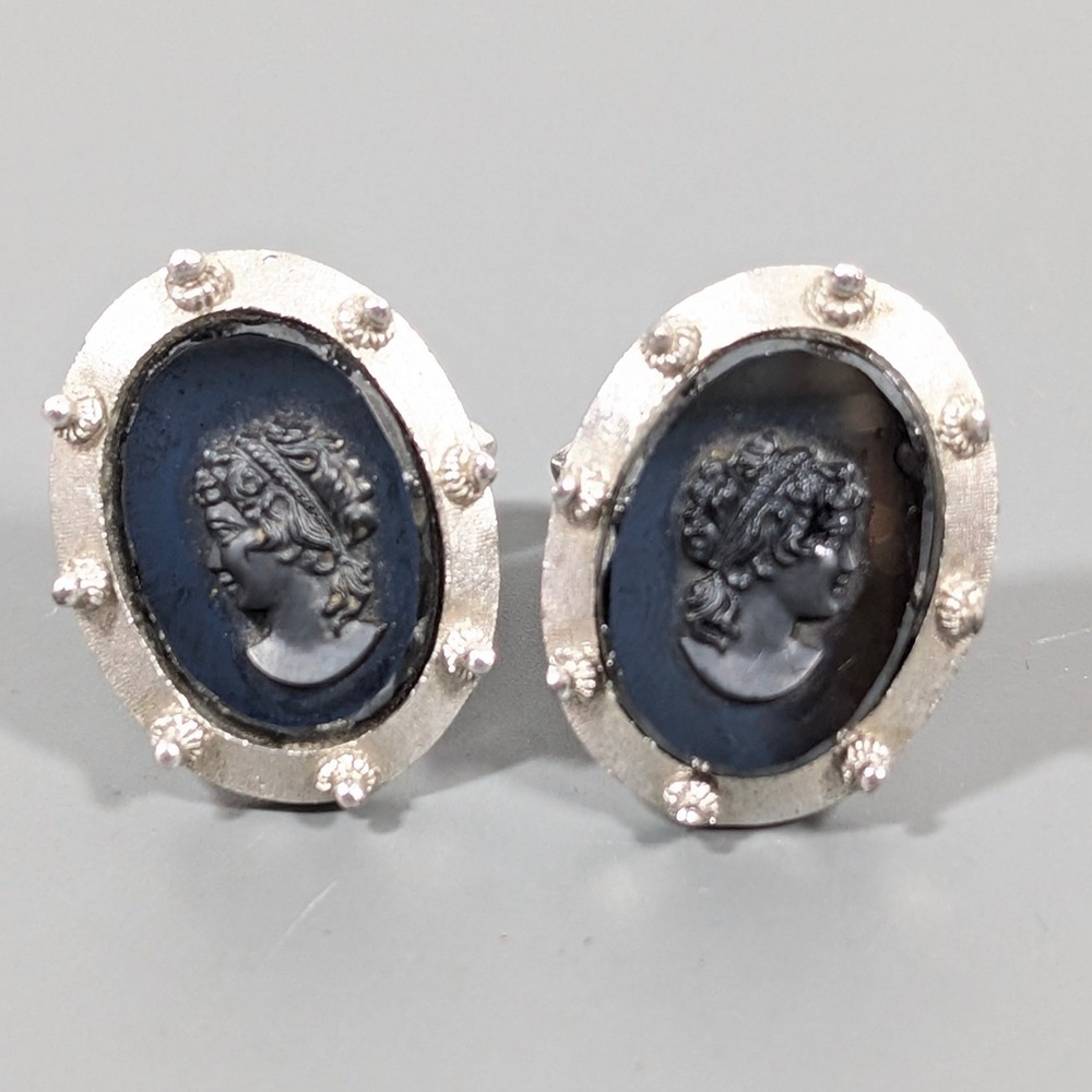 Vintage Swank Hematite Cameo Cufflinks Silver Tone Gray Stone Bullet Back